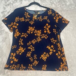 Liz Claiborne Career Short Sleeve Blouse Top Women’s Large Blue Orange Floral